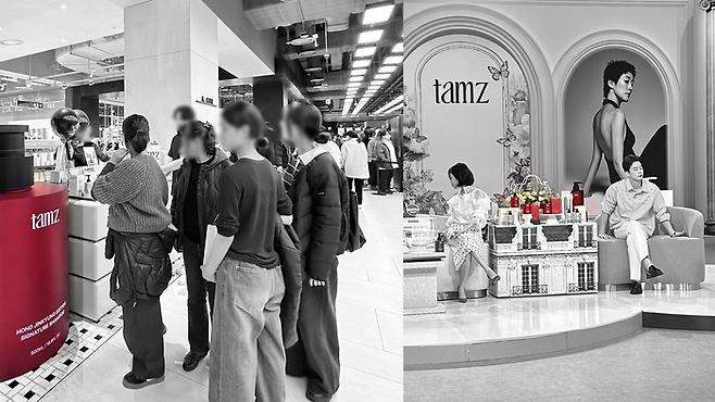 탐즈가 서울 여의도 더현대서울에서 팝업스토어를 운영한 모습과 홈쇼핑을 진행하고 있는 모습. [탐즈 제공]