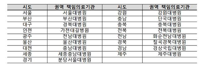 17개 권역 책임의료기관 목록./사진=보건복지부