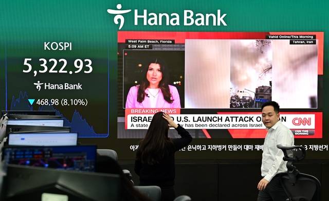중동 쇼크  : 4일 오전 서울 중구 하나은행 딜링룸에서 직원들이 전광판의 외신을 바라보고 있다. 미국의 이란 공격에 따른 중동발 리스크 고조로 이날 코스피는 장중 5400선을 내준 데 이어 8% 이상 폭락, 20분간 거래가 멈추는 서킷브레이커가 발동됐다. 코스닥도 전 거래일 대비 장중 92.33포인트(8.11%) 내린 1045.37을 기록하며 서킷브레이커가 걸렸다. 문호남 기자