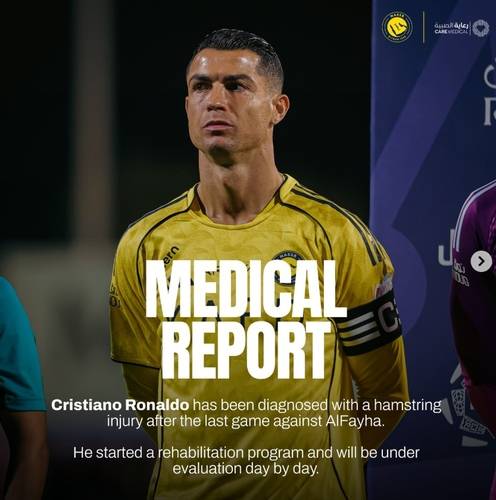 크리스티아누 호날두의 햄스트링 부상을 알린 알나스르 구단 [알나스르 SNS 캡처. 재판매 및 DB 금지]