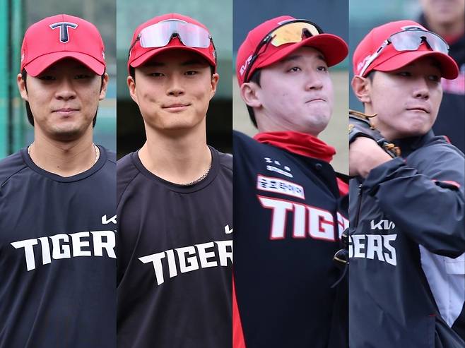 KIA 김규성, 박민, 윤도현, 정현창(왼쪽부터)은 내야 백업자리를 두고 4파전을 펼치고 있다. 사진제공｜KIA 타이거즈