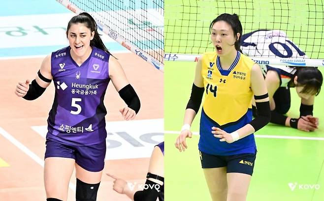흥국생명의 피치(왼쪽)와 현대건설의 양효진 [한국배구연맹 제공. 재판매 및 DB 금지]