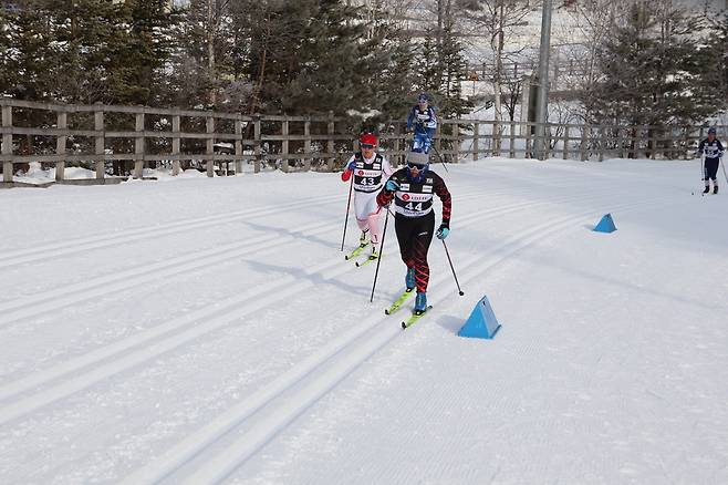 5일 강원도 평창군 알펜시아 크로스컨트리센터에서 열린 제78회 전국종별스키선수권대회 크로스컨트리 여자 18세 이하부 클래식 10㎞에서 이다인(평택여고·오른쪽)이 힘차게 언덕을 오르고 있다.