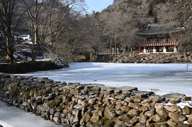 얼음이 남아 있는 겨울 연못과 고요한 사찰 풍경. 숲 안으로 들어서며 순례의 분위기는 차분히 깊어진다.