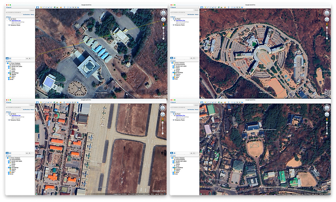 2월 27일 구글어스에 (사진 왼쪽 위부터) 판문점 공동경비구역(JSA), 국가정보원, 서울공항, 청와대 및 대통령실 부근 등이 노출돼 있다.(사진=구글어스 캡쳐)