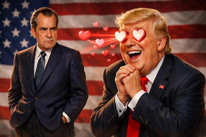 트럼프의 중동 정책은 닉슨식 '캥거루족 독립시키기'다. 발을 빼려 할수록 동맹 안보망을 대신 짜줘야 하는 개입의 역설이 생긴다. 펜듈럼을 줄이려는 '시스템 재설계'다. 출구를 꽉 닫지 않으면 유가 폭등이란 반동에 등짝을 맞는다. /챗GPT 제작 이미지