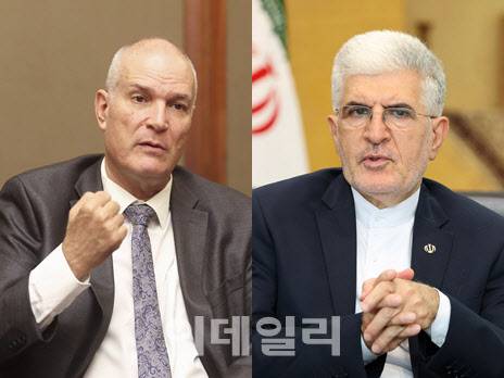 라파엘 하라파즈 주한 이스라엘 대사(왼쪽)와 사이드 쿠제치 주한 이란 대사(사진=이데일리 방인권 이영훈 기자)