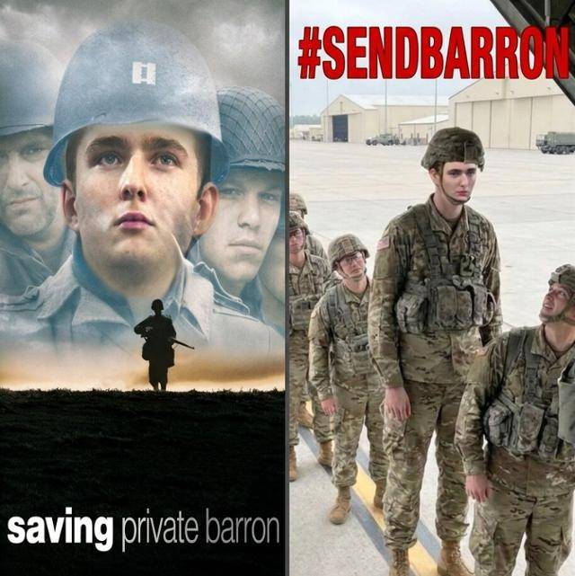 할리우드 영화 '라이언 일병 구하기' 포스터에 도널드 트럼프 미국 대통령의 막내아들 배런의 얼굴을 입힌 이미지(왼쪽 사진)가 온라인에서 확산하고 있다. 제목도 '배런 일병 구하기'로 수정돼 있다. 오른쪽 사진은 줄 서 있는 미군 장병의 얼굴을 배런으로 바꾼 합성물로, 모두 배런의 군 입대를 촉구하는 의미를 담고 있다. 엑스(X) 캡처