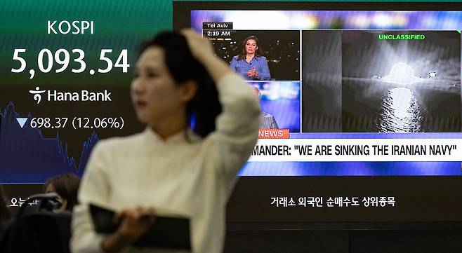 4일 코스피가 전날보다 698.37포인트(12.06%) 하락한 5093.54에 마감했다. 낙폭과 하락률 모두 역대 최고 기록이다. 코스닥도 1000선이 무너졌다. 이날 서울 중구 하나은행 딜링룸 전광판에 종가와 함께 미국·이스라엘과 이란 간 전쟁 뉴스가 나오고 있다. 전민규 기자