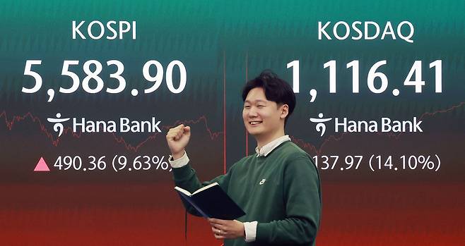 5일 서울 중구 하나은행 본점 딜링룸 전광판에 코스피 종가가 표시되어 있다. 이날 코스피는 전일 대비 490.36p(9.63%) 오른 5583.90에 코스닥은 전일 대비 137.97p(14.10%) 오른 1116.41에 장을 마감했다. 뉴스1