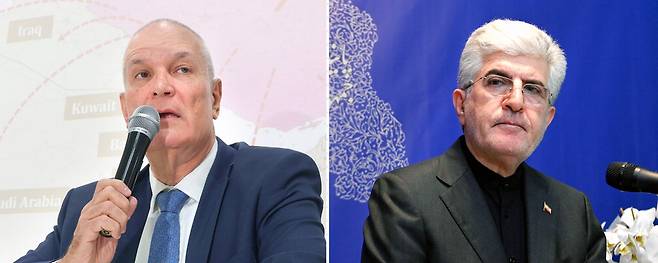 주한 이스라엘-이란 대사, 서울서 맞불 외교전
5일 라파엘 하르파즈 주한 이스라엘 대사(왼쪽)가 서울 종로구의 한 비즈니스센터에서 기자회견을 진행했다. 같은 날 사이드 쿠제치 주한 이란 대사(오른쪽)는 서울 용산구 주한 이란이슬람공화국대사관에서 기자회견을 열고 미국에 대한 규탄 입장을 밝혔다.  이승환·한주형 기자