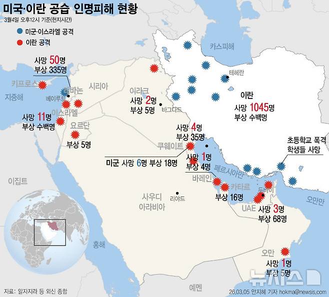 [서울=뉴시스] 5일 CNN에 따르면 미국에 기반을 둔 인권활동가통신(HRANA)은 지난 토요일 미국·이스라엘과 이란 간 공습이 시작된 이후 이란 내 민간인 사망자가 최소 1114명에 달한다고 밝혔다. 이 가운데 어린이는 183명으로 집계됐다. 외교부에 따르면 이란에 체류 중이던 우리 국민 23명은 지난 3일(현지시간) 투르크메니스탄으로 대피했다. (그래픽=안지혜 기자)  hokma@newsis.com