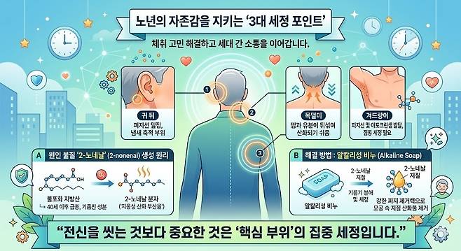 노년의 자존감을 지키는 '3대 세정 포인트. 제미나이 생성 그래픽