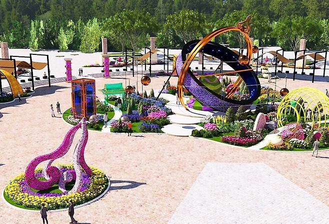 ▲ 다음달 24일 개막식에 선보일 2026 국제꽃박람회 '시간 여행자의 정원'에 조성된 높이 13m, 폭 26m 규모의 거대한 꽃조형물 시계. /사진제공=고양국제박람회