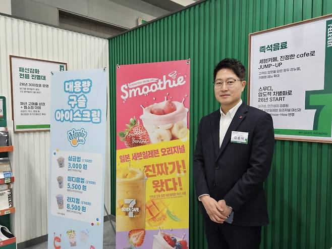 김흥식 코리아세븐 상품본부 1부문장이 세븐일레븐 상품전시회에서 전략을 설명하고 있다.(사진=문현호)
