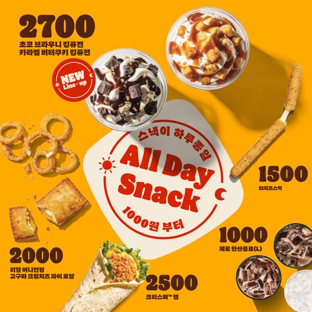 버거킹은 지난해 7월부터 인기 스낵을 하루 종일 부담 없는 가격에 제공하는 ‘올데이 스낵’을 선보였다. 인기 사이드 메뉴를 1천원에서 3천원 사이의 합리적 가격대에 상시 제공하는것이다.(버거킹 제공)