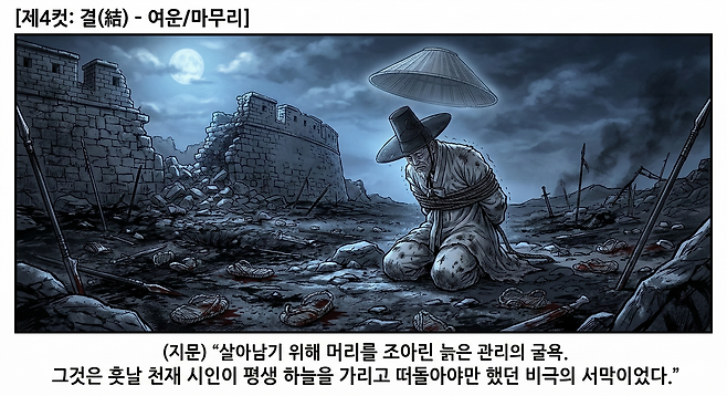 제4컷 결 여운마무리  지문 살아남기 위해 머리를 조아린 늙은 관리의 굴욕 그것은 훗날 천재 시인이 평생 하늘을 가리고 떠돌아야만 했던 비극의 서막이었다