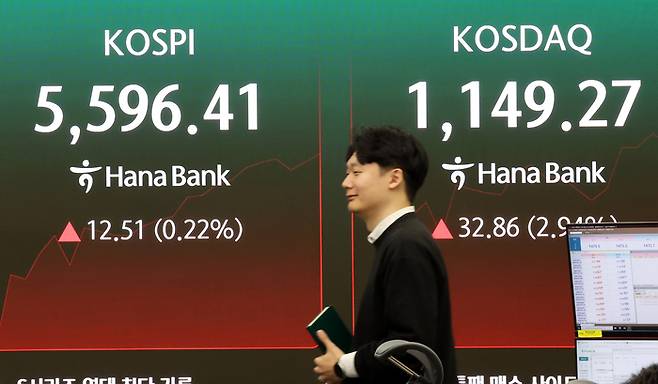 6일 서울 중구 하나은행 딜링룸 전광판에 코스피와 코스닥 시황이 표시되고 있다. [뉴스1]
