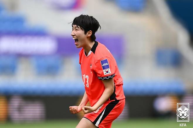 5일 호주 골드코스트 스타디움에서 열린 2026 아시아축구연맹(AFC) 여자 아시안컵 조별리그 A조 2차전 필리핀전에서 박수정이 득점 후 기뻐하고 있다. 대한축구협회 제공