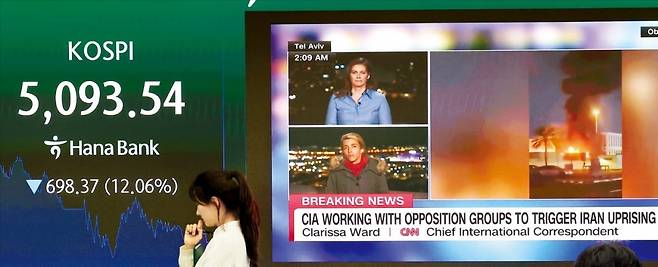 지난 4일 서울 을지로 하나은행 본점 딜링룸 전광판에 코스피지수 종가가 표시된 가운데 이스라엘 공습으로 불타고 있는 이란 전문가회의 청사 모습을 담은 방송 화면이 떠 있다./사진=이솔 기자