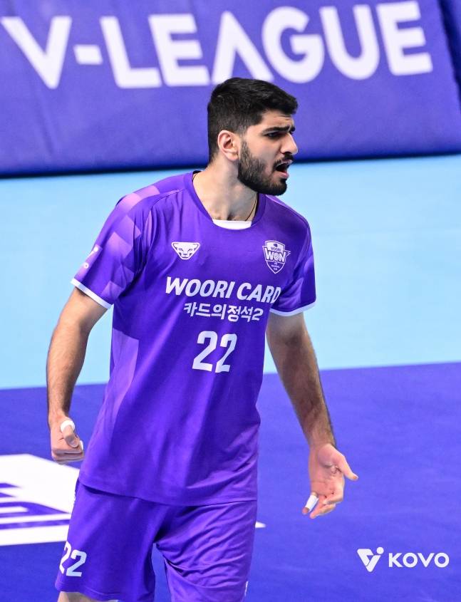 우리카드 알리가 6일 대한항공전 도중 불만스러운 표정을 짓고 있다. /사진=KOVO 제공