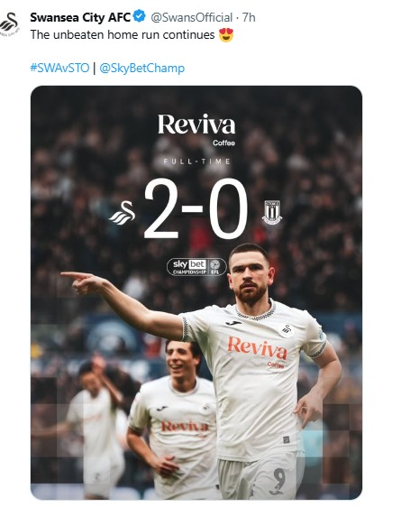 스토크전 2-0 승리 소식을 전한 스완지. 사진[연합뉴스]