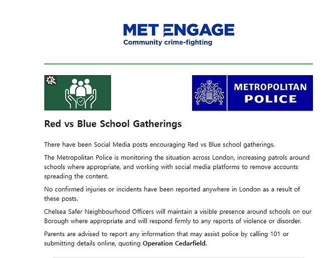 영국 런던광역경찰청(MPS)의 '레드vs블루' 학교 전쟁 열풍 경고 /사진=영국 MPS 홈페이지