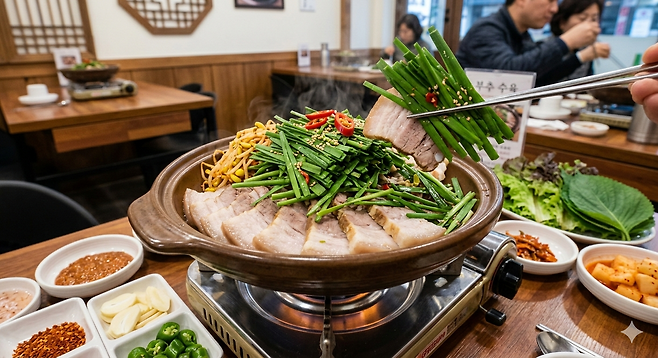 찬 성질의 돼지고기와 따뜻한 성질의 부추를 함께 먹으면 상호 보완이 된다. 구글 제미나이 생성 이미지