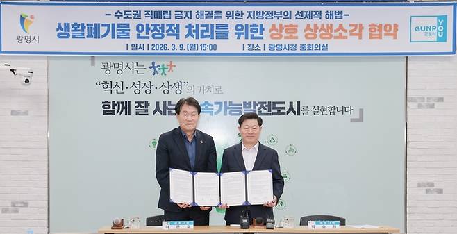 하은호 군포시장(왼쪽)과 박승원 광명시장이 9일 광명시청 중회의실에서 '생활폐기물 안정적 처리를 위한 상호 상생소각 협약'을 체결한 뒤 협약서를 들어 보이고 있다. 사진=군포시청