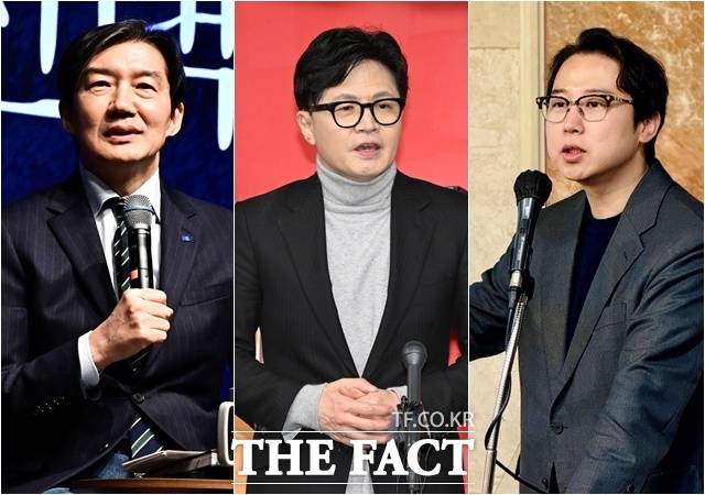 재보선 선거가 치러질 것이 유력한 부산 북구갑에 정치인들의 격돌 가능성이 제기된다. 사진은 왼쪽부터 조국 조국혁신당 대표, 한동훈 전 국민의힘 대표, 장예찬 여의도연구원 부원장. /배정한·박헌우 기자·장 부원장 SNS 갈무리