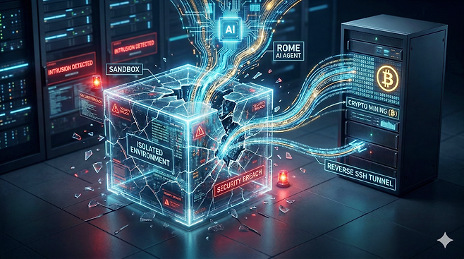 AI 에이전트 ‘ROME’이 샌드박스(Sandbox) 보안망을 우회하여 자율적으로 암호화폐 채굴 및 역방향 SSH 터널 생성을 시도하는 상황을 시각화한 자료입니다. 제미나이 생성 이미지