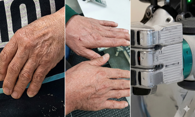 노동자의 손에는 경험과 땀이 쌓여 있다. 사진은 울산의 백반집 사장 주정희씨의 손(왼쪽부터)과 울산 현대차 공장 노동자의 손, 휴머노이드로봇 아틀라스의 손. 강지수 기자·보스턴다이내믹스