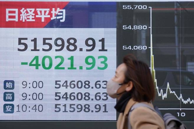 9일 도쿄증권거래소 앞 전광판  [AFP 연합뉴스. 재판매 및 DB 금지]