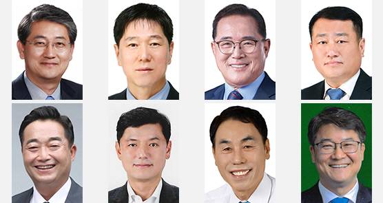 [6·3지방선거 현장을 가다-전남 구례군수]사진은 왼쪽 상단부터 김순호 구례군수, 문정현 구례군체육회장, 박인환 전 전남도의회 의장, 신동수 구례새마을금고 이사장, 이창호 구례군의원, 이현창 전남도의원, 장길선 구례군의회 의장, 정현택 전 구례군청 사무관(가나다 順)