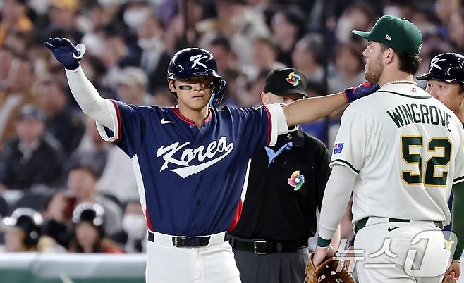 9일 일본 도쿄돔에서 열린 2026 월드베이스볼클래식 조별리그 C조 대한민국과 호주의 경기. 6회초 대한민국의 공격 2사 3루때 김도영이 1타점 적시타를 치고 세리머니하고 있다. 2026.3.9 ⓒ 뉴스1 구윤성 기자