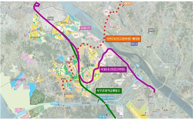 서울지하철 5호선 김포·검단 연장사업 노선도. 인천시 제공