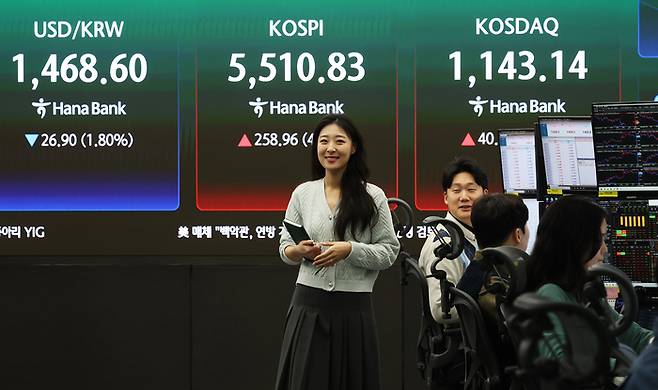 코스피가 급등하며 매수 사이드카가 발동한 10일 오전 서울 중구 하나은행 딜링룸 전광판에 코스피 시황이 표시되고 있다. [뉴스1]