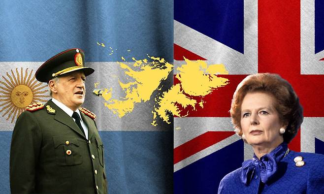 1982년 포클랜드 전쟁을 형상화한 이미지. 포클랜드 제도 지도(노란색)를 중심으로 왼쪽은 전쟁 당시 레오폴도 갈티에리 아르헨티나 대통령, 오른쪽은 마거릿 대처 영국 총리다.&nbsp;갈티에리는 패전 직후 모든 책임을 지고 스스로 물러났다. SNS 캡처