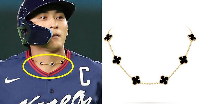 이정후 선수가 경기 중 착용한 '행운의 목걸이'가 국내외 팬들 사이에서 화제를 모으고 있다. 연합뉴스, 사진 오른쪽은 반클리프 앤 아펠 홈페이지 캡처