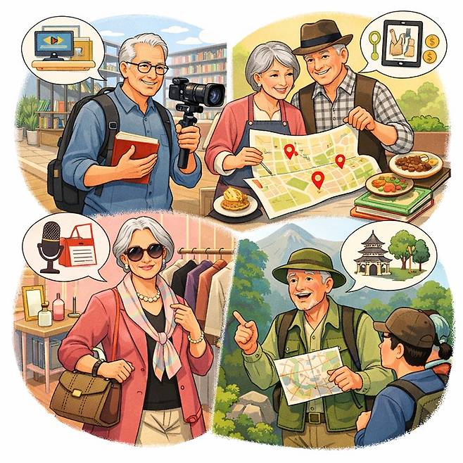오늘날 6070세대 가운데 자신의 여가 활동 내용을 콘텐츠로 만들어 사업으로 확장하는 ‘하비프러너’가 늘고 있다. AI생성 이미지