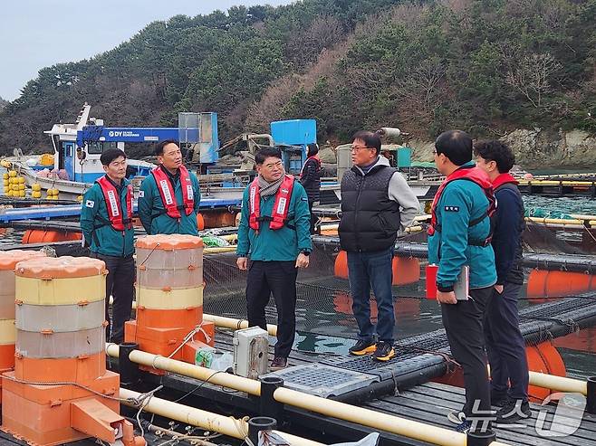 경남도 관계자들이 저수온 특보가 발효된 해역의 한 양식장에서 저수온 대응 상황을 점검하고 있다.(경남도 제공. 재판매 및 DB금지)