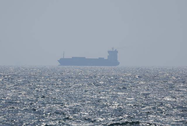 지난해 6월 아랍에미리트(UAE) 라스 알 카이마에서 바라본 호르무즈해협에서 컨테이너선이 항해하고 있다. EPA 연합뉴스 자료사진
