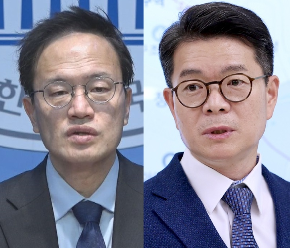 더불어민주당 서울시장 주자인 박주민(왼쪽) 예비후보와 정원오 예비후보