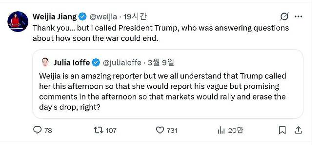미국 백악관을 출입하는 CBS 소속 웨이지아 장 기자가 9일(현지시간) 소셜미디어 X(옛 트위터)에 올린 글. ‘퍽뉴스’ 소속 줄리아 아이오페 기자가 도널드 트럼프 대통령이 이날 웨이지아 장 기자와의 통화에서 이란 전쟁 조기 종료 가능성을 시사한 것을 놓고 의도된 것 아니냐는 취지로 묻자 장 기자가 자신이 전화를 걸어 질문한 것을 트럼프 대통령이 답변한 것이라며 반박하는 내용이다. 사진 X 캡처