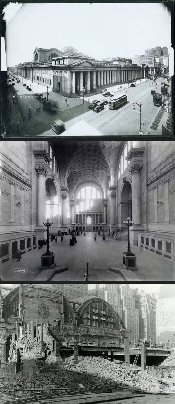 뉴욕에서 가장 큰 공공건축물이었던 펜실베니아 역의 외관(위), 내부 모습(가운데). 준공 50여년이 지난 1963년 경제적 이유로 철거됐다.(아래)/사진=뉴욕역사박물관