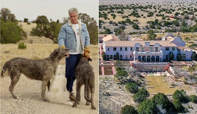 미국 성범죄자 제프리 엡스타인이 생전 소유했던 뉴멕시코 ‘조로 목장’. 왼쪽은 엡스타인의 모습, 오른쪽은 2026년 3월 촬영된 목장 전경. DOJ·AFP 연합뉴스