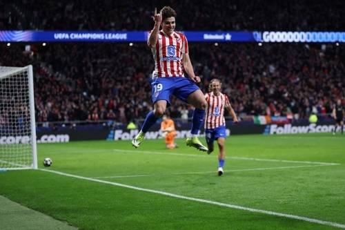 아틀레티코 마드리드의 훌리안 알바레스가 토트넘을 상대로 팀의 세 번째 득점을 터트린 후 기뻐하고 있다. AFP연합뉴스