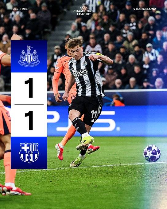 뉴캐슬 유나이티드와 FC바르셀로나의 16강 1차전 경기 결과. /사진=뉴캐슬 유나이티드 공식 사회관계망서비스(SNS)