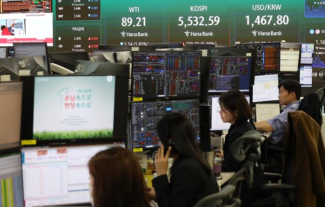 이란 사태가 종결될 것이란 도널드 트럼프 미국 대통령의 발언이후 국제유가가 배럴당 80달러선까지 급락한 10일 서울 중구 하나은행 딜링룸 전광판에 코스피 지수가 전 거래일보다 280.72포인트(5.35%) 오른 5532.59를 나타내고 있다. 코스닥 지수는 전 거래일보다 35.40포인트(3.21%) 오른 1137.68에 거래를 마감했다. 원·달러 환율은 주간 거래 종가(15시30분) 기준 전일 대비 26.2원 내린 1469.23을 기록했다. 고이란 기자 photoeran@(이투데이DB)