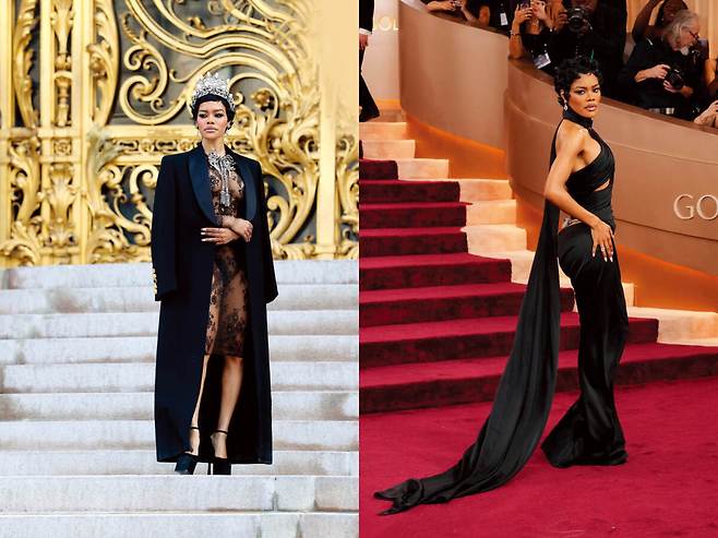 스키아파렐리 2026 S/S 행사에 파격적인 시스루 패션으로 등장한 테야나 테일러. 왕관은 지난해 루브르박물관에서 도난당한 외제니 황후의 왕관에서 모티프를 따왔다(왼쪽).|골든글로브 시상식에서는 스키아파렐리의&nbsp;맞춤 드레스를 입었다.&nbsp; &nbsp;